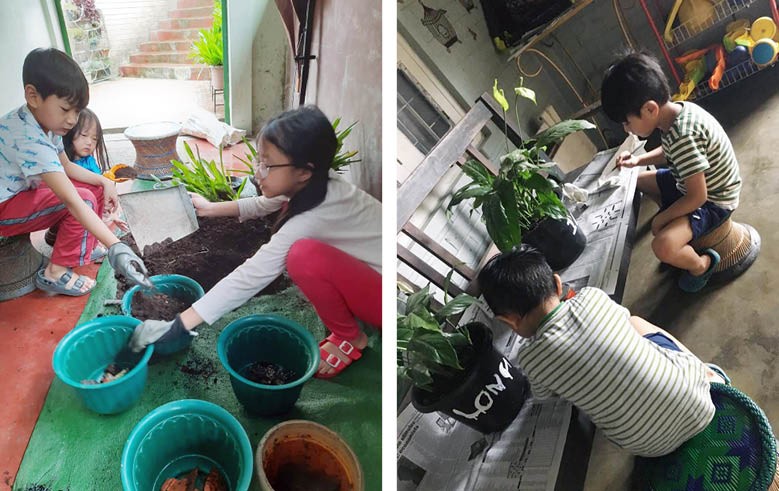 ECCO Club members busy preparing their flower pots for contribution to the Greenline movement.